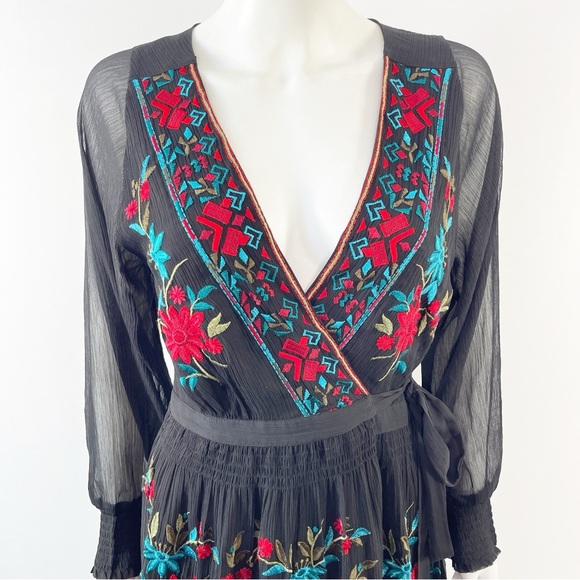 Anthropologie Dress Black Embroidered Wrap Not So Serious Size S Long Sleeve - Picture 4 of 13
